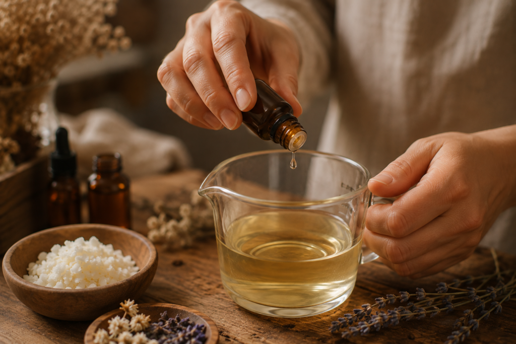 Phối trộn tinh dầu với sáp đậu nành đang nóng chảy