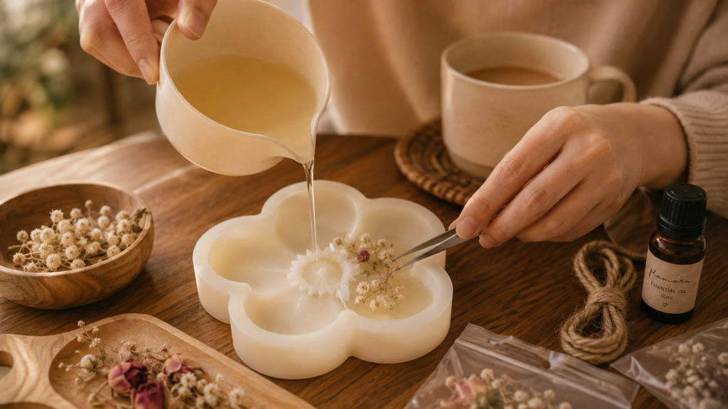 Đổ khuôn và trang trí hoa khô cho sáp thơm DIY
